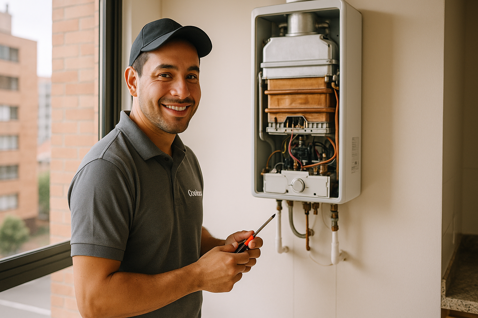 Técnico certificado revisando un calentador a gas en Bogotá